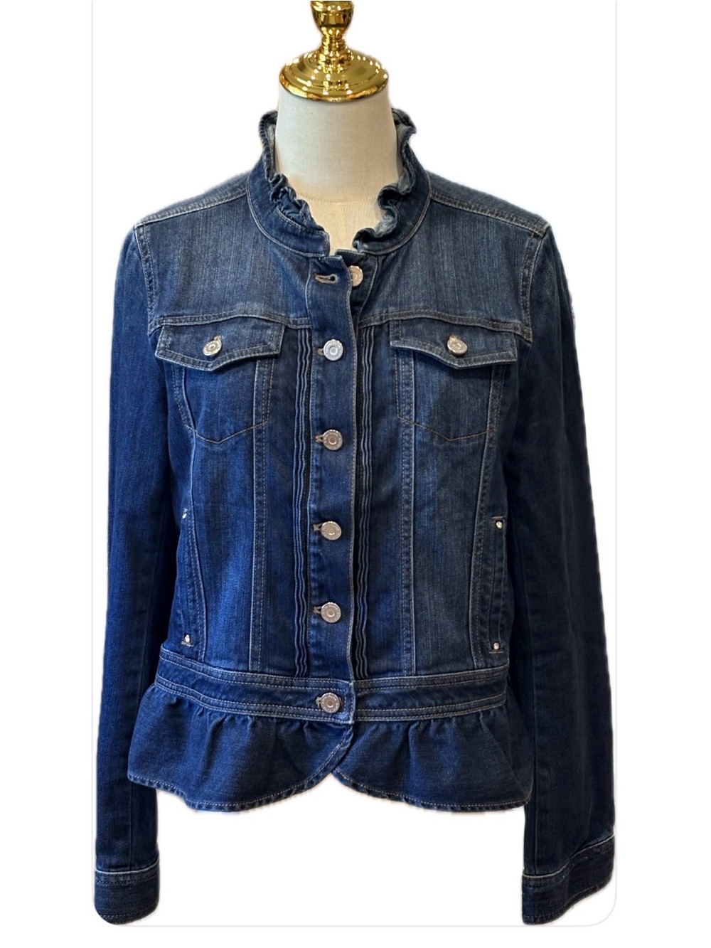 White House Black Market Ruffled Neck Peplum Denim Jean Jacket  S